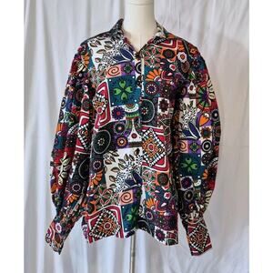 Anthropologie Multicolor Graphic Puff Sleeve Blouse Top Medium Eye Catching